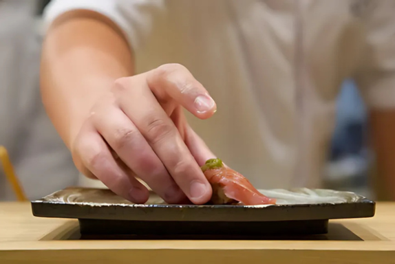 A beautifully arranged omakase sushi course made with fresh local seafood from the Genkai Sea in Fukuoka